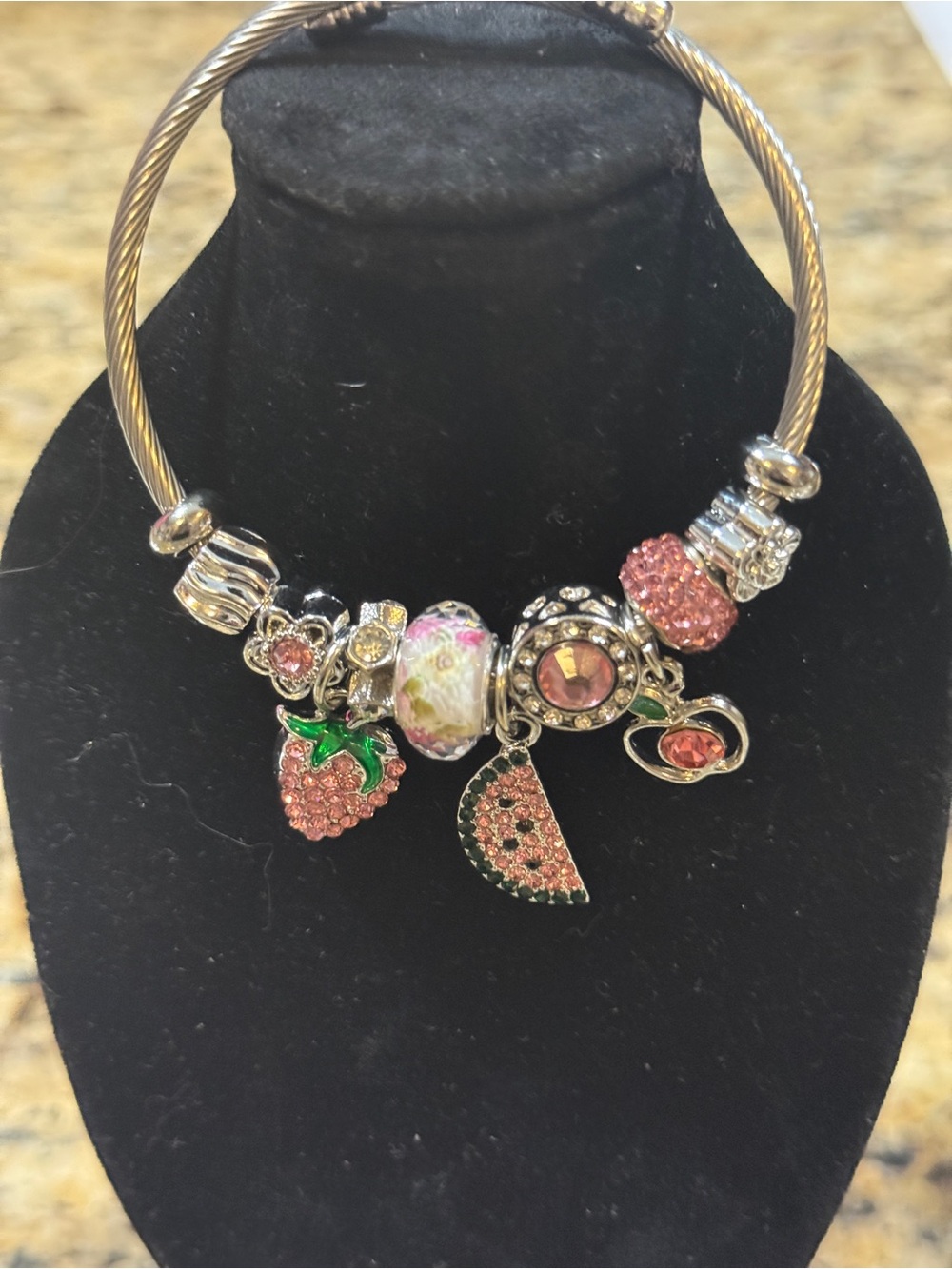 Pink Crystal Fruit Charm Bangle Bracelet with Floral Bead